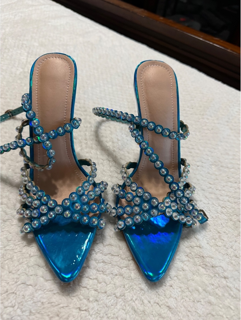 Blue Iridescent High Heel Sandals with Pearl Bead Straps